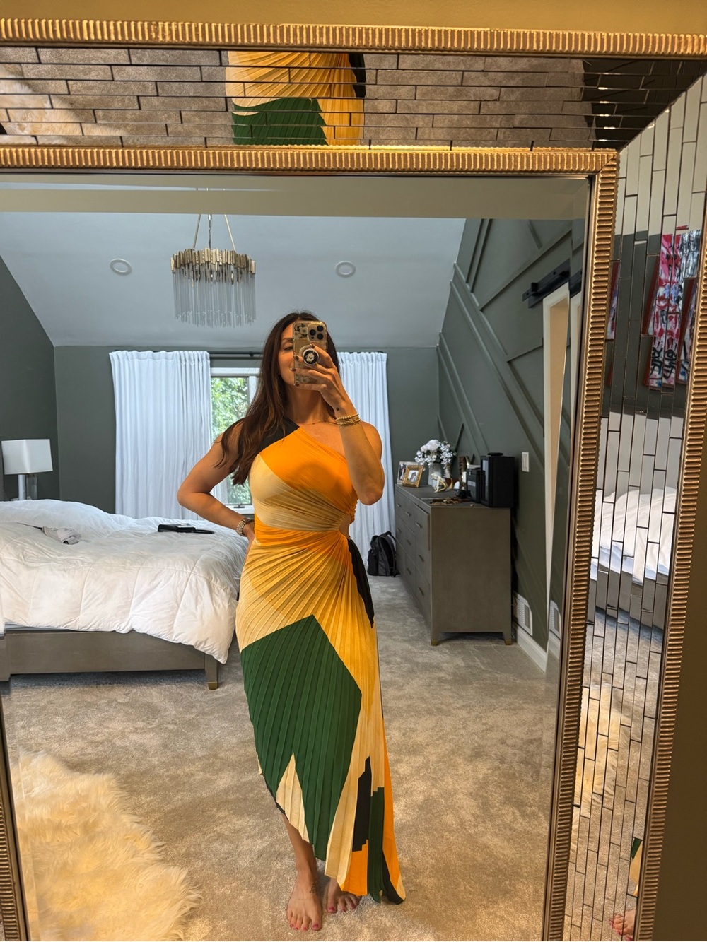 VICI Yellow, Green, Navy Blue & Cream One-Shoulder Asymmetrical Maxi Dress